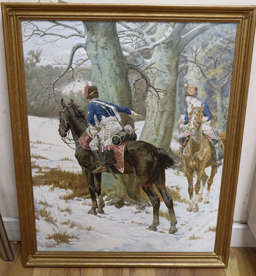 After William Barnes Wollen (1857-1936), oil on canvas, Hussars in woodland in winter, bears signature and date 1905 but of later execu